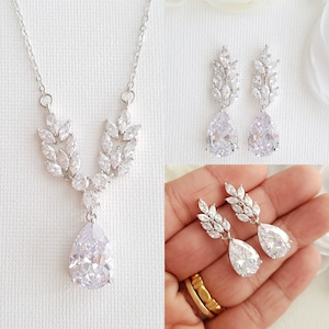 CZ Earrings Necklace Set for Wedding, Silver Bridal Jewelry Set, Teardrop Wedding Jewellery For Bride,  Willow