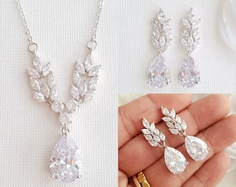 CZ Earrings Necklace Set for Wedding, Silver Bridal Jewelry Set, Teardrop Wedding Jewellery For Bride,  Willow