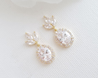 Gold Drop Earrings for Brides, Oval Wedding Earrings, Small Crystal Halo Earrings, Bridesmaid Earrings, Bridal Jewelry,  Emily