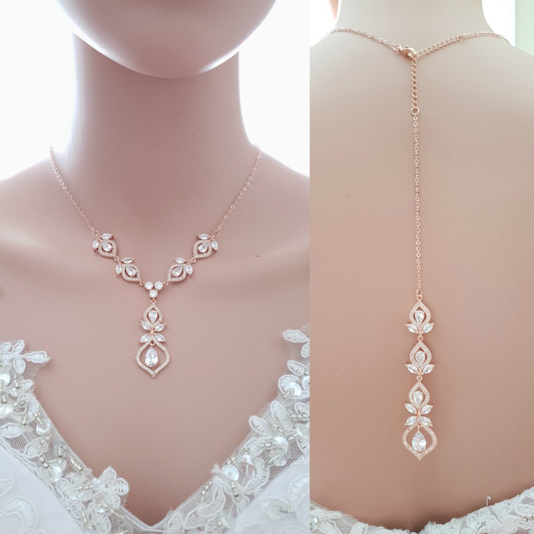 Rose Gold Bridal Necklace With Back Drop, Cubic Zirconia Wedding