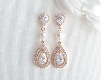 Rose Gold Wedding Earrings, Crystal Bridal Earrings, Cubic Zirconia And Pearl Rose Gold Drop Earrings, Wedding Jewelry , Sarah