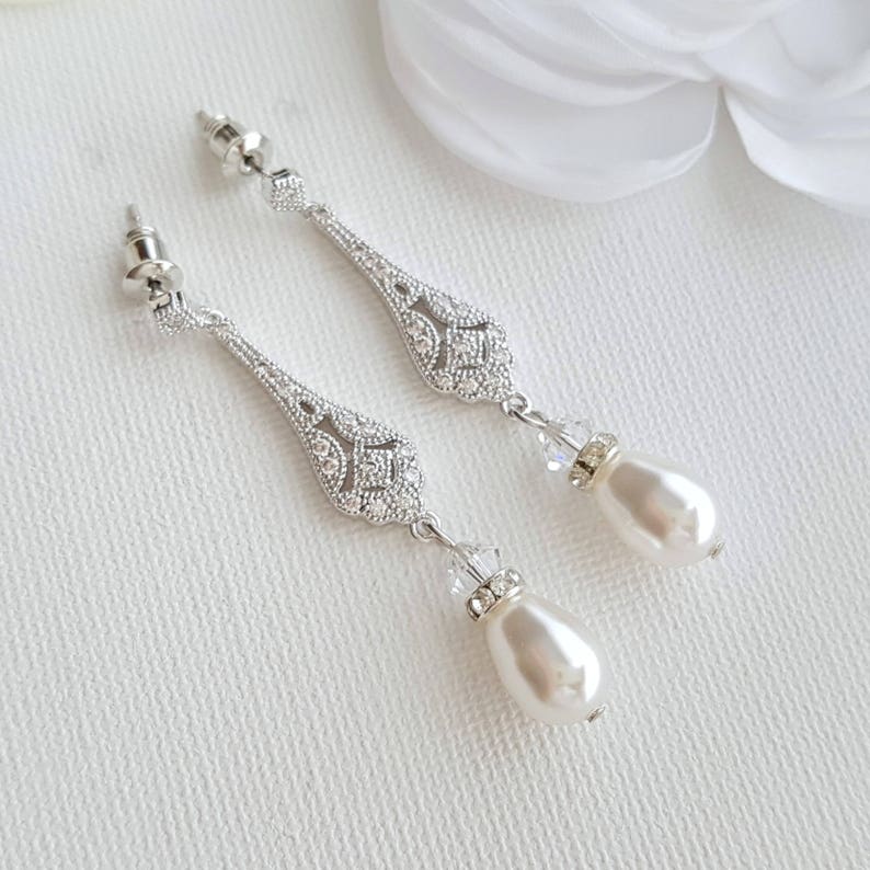 Bridal Pearl Earrings, Wedding Earrings, Long Pearl Drop Earrings Necklace Set, Rose Gold Earrings, Gold Bridal Jewelry Set, Lisa Silver