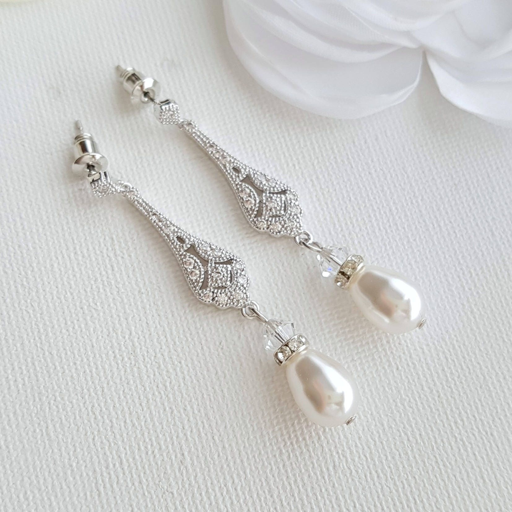 Bridal Earrings Wedding Earrings Vintage Style Long Pearl | Etsy