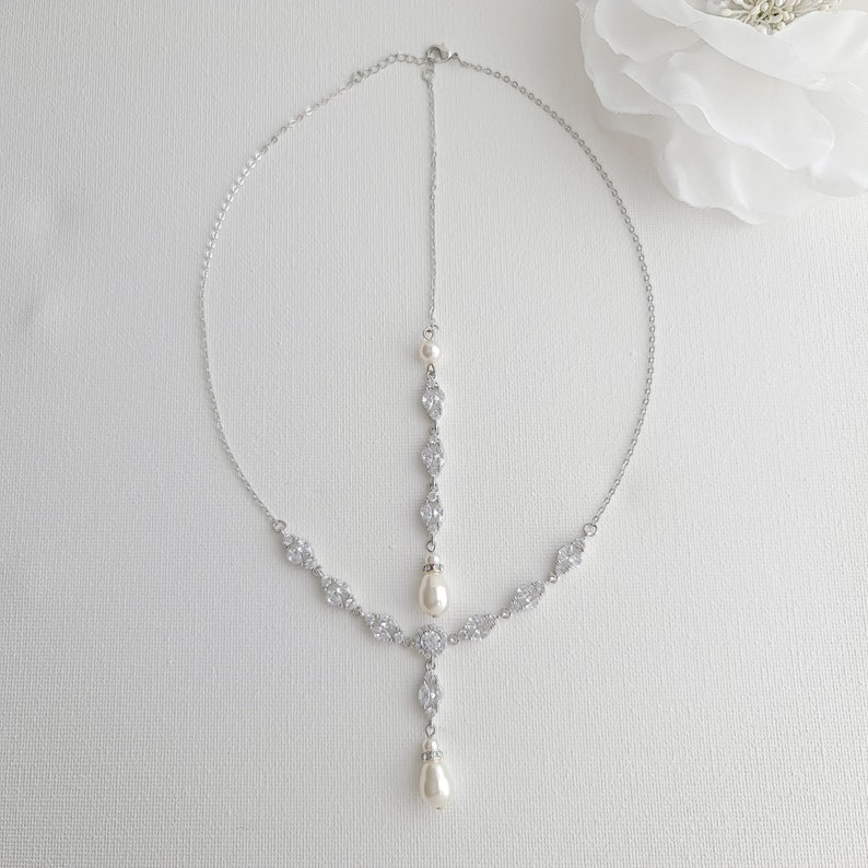 Gold Wedding Necklace with Back Drop, Bridal Necklace With Crystal And Pearl, Wedding Jewelry Set, Hayley Silver