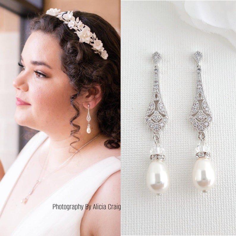 Bridal Pearl Earrings, Wedding Earrings, Long Pearl Drop Earrings Necklace Set, Rose Gold Earrings, Gold Bridal Jewelry Set, Lisa image 1