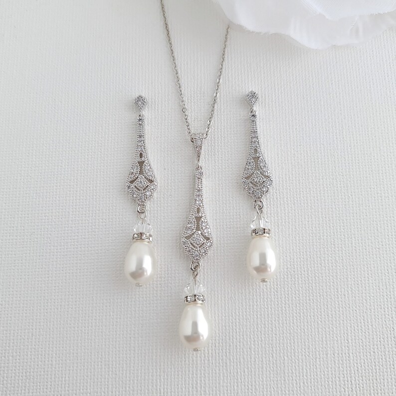 Bridal Pearl Earrings, Wedding Earrings, Long Pearl Drop Earrings Necklace Set, Rose Gold Earrings, Gold Bridal Jewelry Set, Lisa image 5