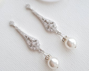 Pearl Drop Earrings, Bridal Earrings, Rose Gold Wedding Earrings for Brides, Art Deco Wedding Jewelry Set, Gold Earring Necklace Set, Lisa