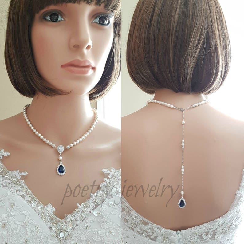 Pearl Wedding Back Necklace Blue Sapphire Crystal Necklace Etsy