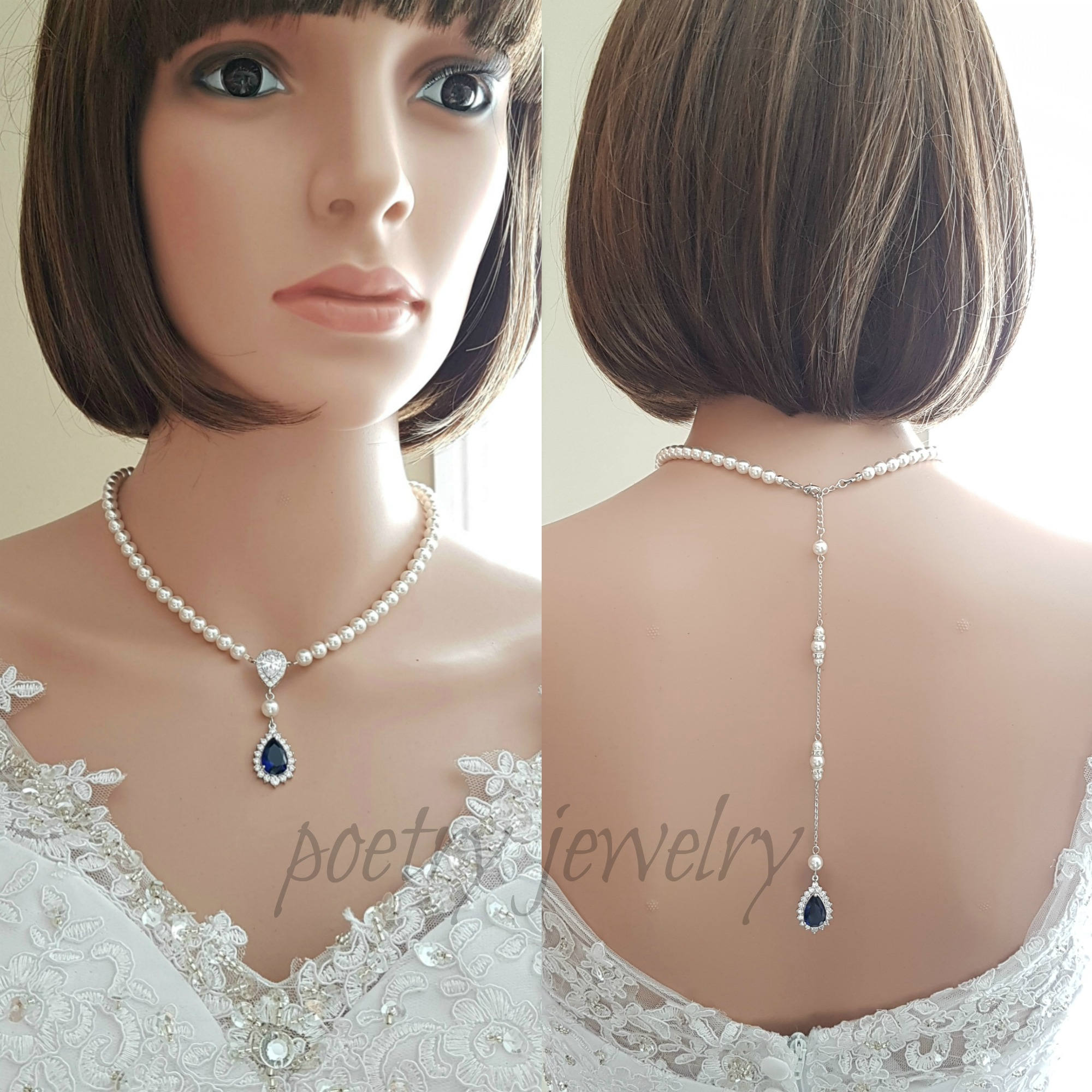 Pearl Wedding Back Necklace Blue Sapphire Crystal Necklace Etsy