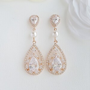 Vintage Style Pearl Crystal Bridal Earrings, Teardrop Wedding Earrings, Necklace Earring Set, Wedding Jewelry, Esther Rose gold