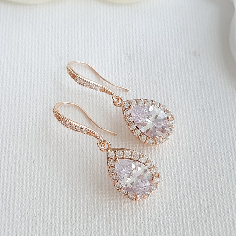 Rose Gold Bruidsoorbellen, Bruiloft Dangle Oorbellen, Bruidsmeisje Oorbellen, Teardrop Oorbellen, Crystal Drop Oorbellen, Bruiloft Sieraden, Emma Roségoud