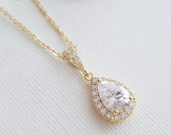 Wedding Necklace Gold Pendant, Crystal Bridal Necklace, Rose Gold Teardrop Pendant, Wedding Jewelry, Bridesmaid Necklace, Emma