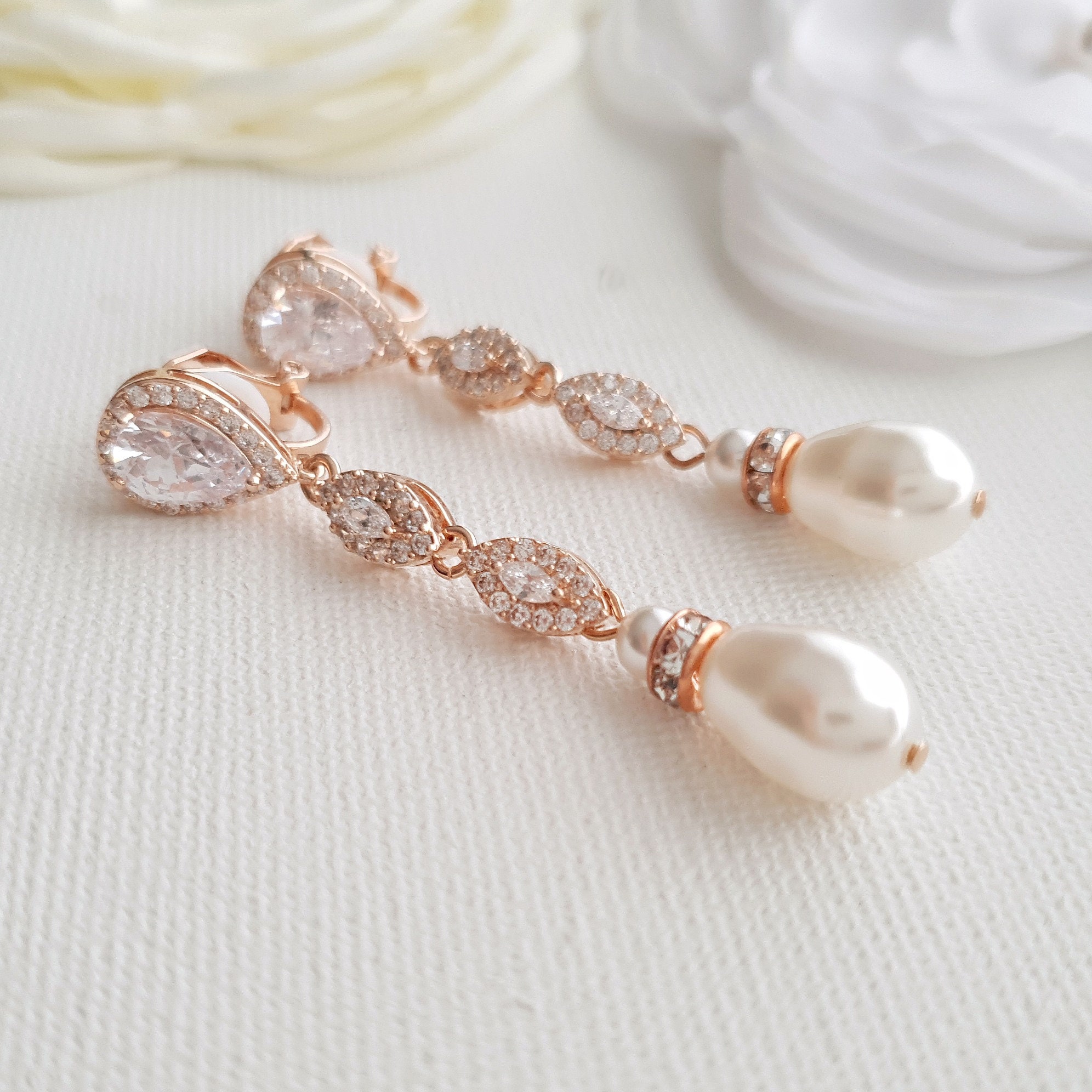 Rose Gold Clip On Bridal Earrings