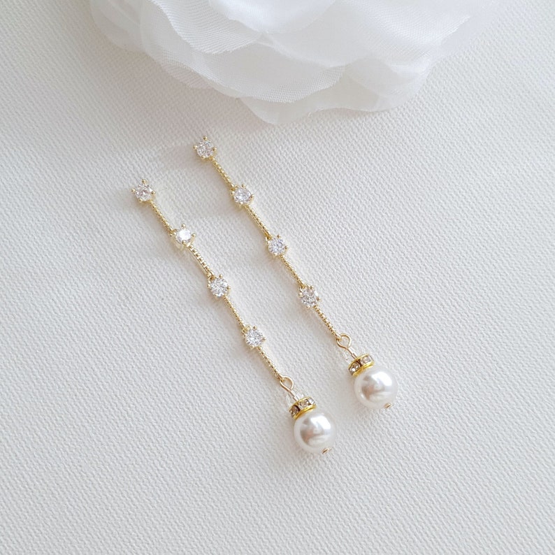 Pearl and Gold Wedding Earrings Simple Long Bride Earrings Etsy