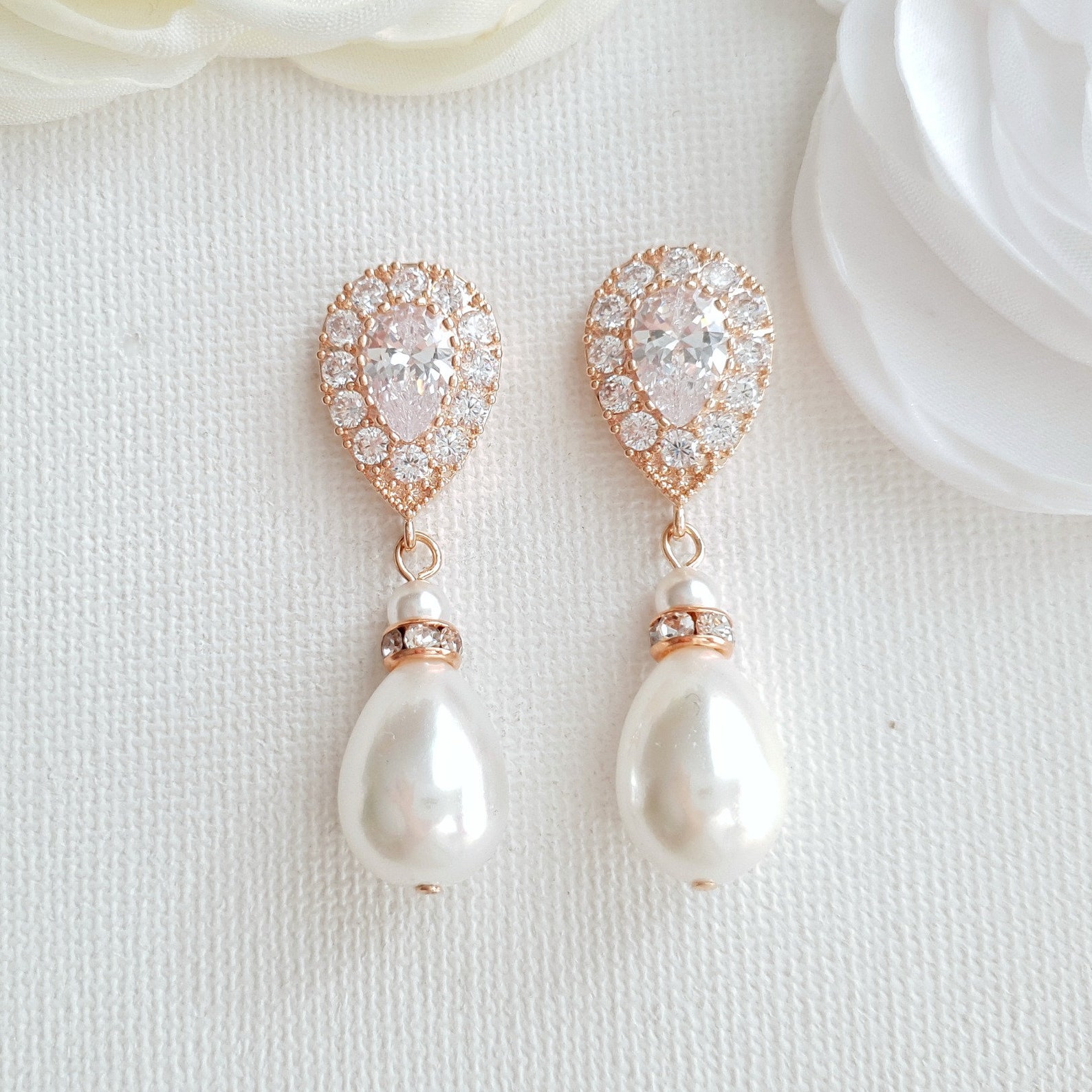 Rose Gold Bridal Earrings, Pearl Drop Earrings, Pearl Crystal Earrings Rose Gold Bridal Earrings, Pearl Drop Earrings, Pearl Crystal Earrings