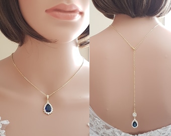 Gold Back Drop Necklace, Blue Bridal Necklace, Crystal Back Necklace, Blue and Gold Wedding Necklace, Something Blue, Wedding Jewelry, Aoi