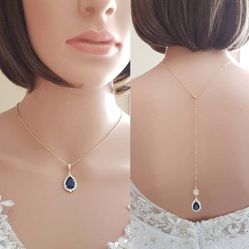 Gold Back Drop Necklace, Blue Bridal Necklace, Crystal Back Necklace, Blue and Gold Wedding Necklace, Something Blue, Wedding Jewelry, Aoi image 1