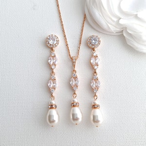 Bridal Earrings Long, Pearl Drop Wedding Earrings, Pearl and Crystal Marquise Earrings, Bridal Jewelry Set Pearl, Wedding Jewelry, Hayley image 6