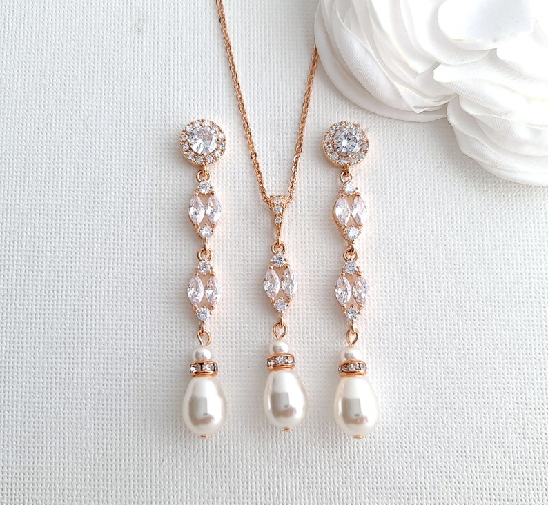 Bridal Earrings Long, Pearl Drop Wedding Earrings, Pearl and Crystal Marquise Earrings, Bridal Jewelry Set Pearl, Wedding Jewelry, Hayley image 6