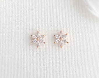 Rose Gold Flower Earrings, Dainty Wedding Stud Earrings For Bride, Simple Bridal Jewelry, Trisha