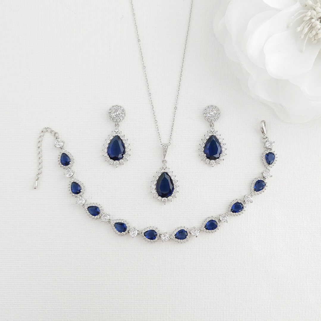 Blue Sapphire Wedding Jewelry Set Silver in Cubic Zirconia, Blue