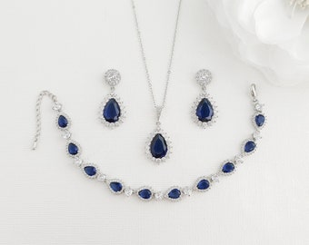 Blue Sapphire Wedding Jewelry Set Silver In Cubic Zirconia, Blue Earrings, Necklace And Bracelet Set, Blue Bridal Jewelry, Aoi