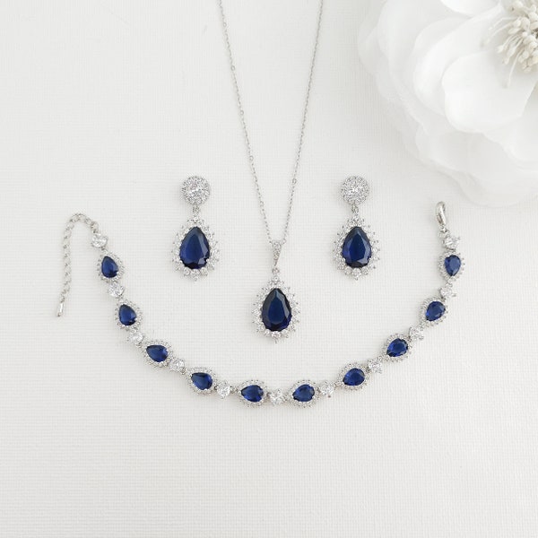 Blue Sapphire Wedding Jewelry Set Silver In Cubic Zirconia, Blue Earrings, Necklace And Bracelet Set, Blue Bridal Jewelry, Aoi