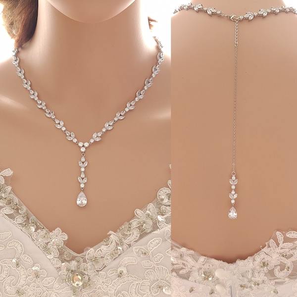 Crystal Bridal Necklace With Backdrop For Wedding Day, Drop Wedding Necklace, Anya Silver necklace