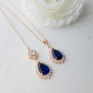 Gold Back Drop Necklace, Blue Bridal Necklace, Crystal Back Necklace, Blue and Gold Wedding Necklace, Something Blue, Wedding Jewelry, Aoi Rose gold
