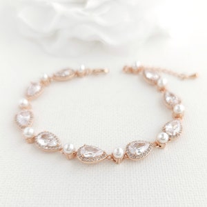 Gold Pearl Teardrop Wedding Bracelet, CZ Pearl Pear Crystal Bridal Bracelet, Gold Wedding Jewelry, Luna image 6