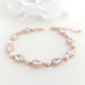 Bridal Rose Gold Teardrop Bracelet with Pearls and Cubic Zirconia, Dainty Wedding Bracelet, Rose Gold Wedding Jewelry, Luna