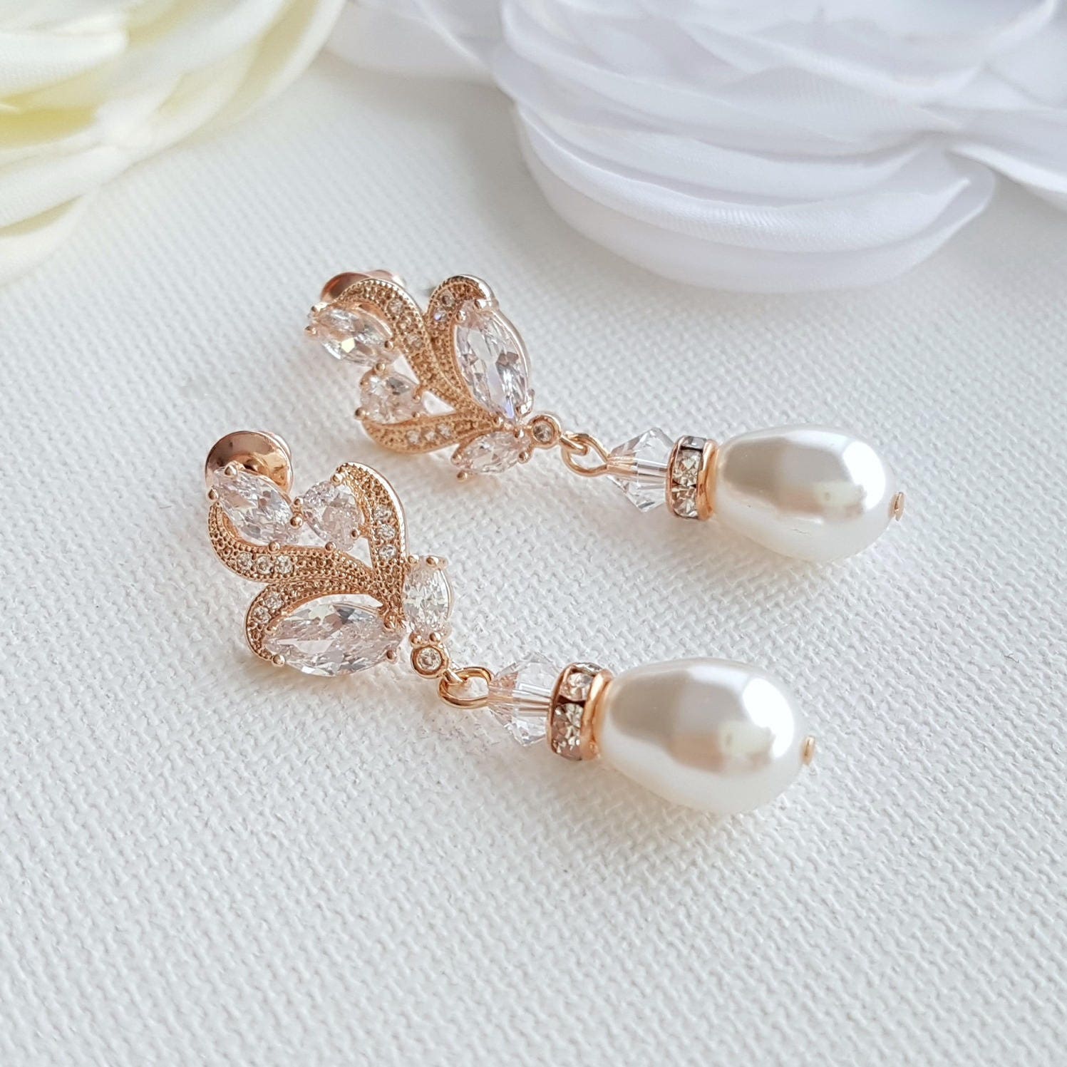 Rose Gold Bridal Earrings Rose Gold Pearl Earrings Crystal | Etsy