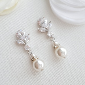 Pearl Drop Wedding Earrings, Bridal Earrings, Wedding Jewelry, Cubic Zirconia, Crystal and Pearl Bridesmaid Earrings, Nicole