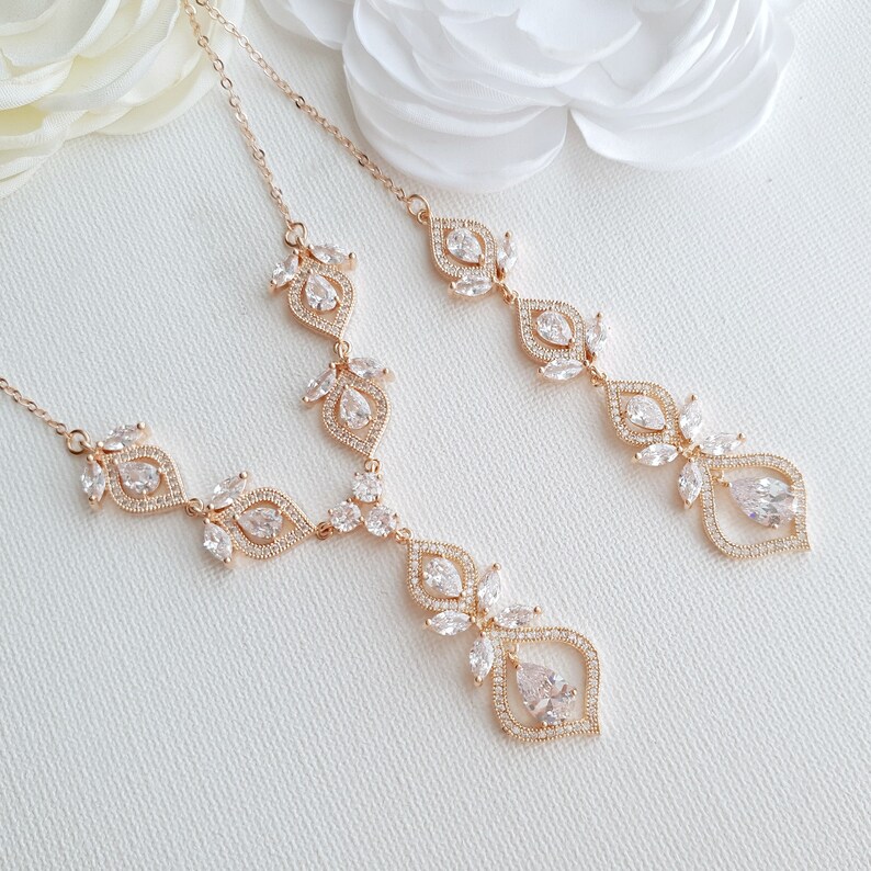 Bridal Backdrop Necklace Crystal Wedding Necklace Rose Gold Etsy