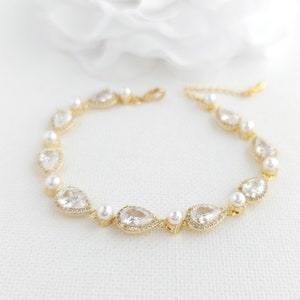 Gold Pearl Teardrop Wedding Bracelet, CZ Pearl Pear Crystal Bridal Bracelet, Gold Wedding Jewelry, Luna image 1