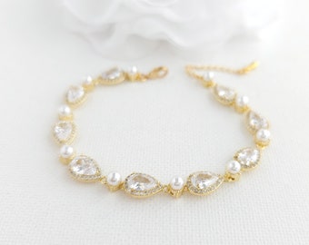 Gold Pearl Teardrop Wedding Bracelet, CZ Pearl Pear Crystal Bridal Bracelet, Gold Wedding Jewelry, Luna