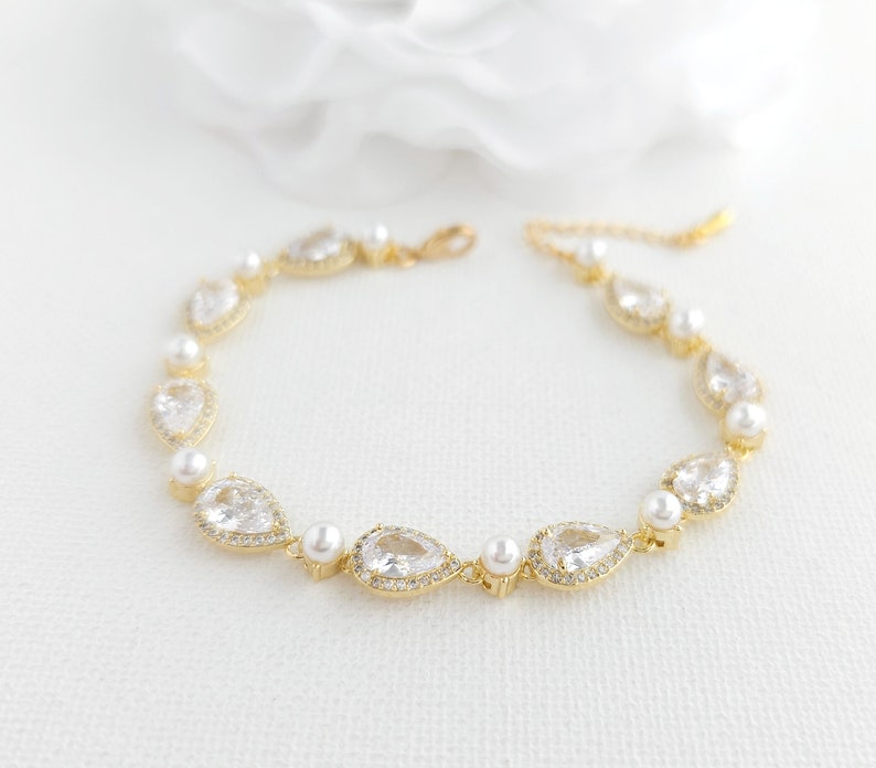 Gold Pearl Teardrop Wedding Bracelet, CZ Pearl Pear Crystal Bridal Bracelet, Gold Wedding Jewelry, Luna image 1