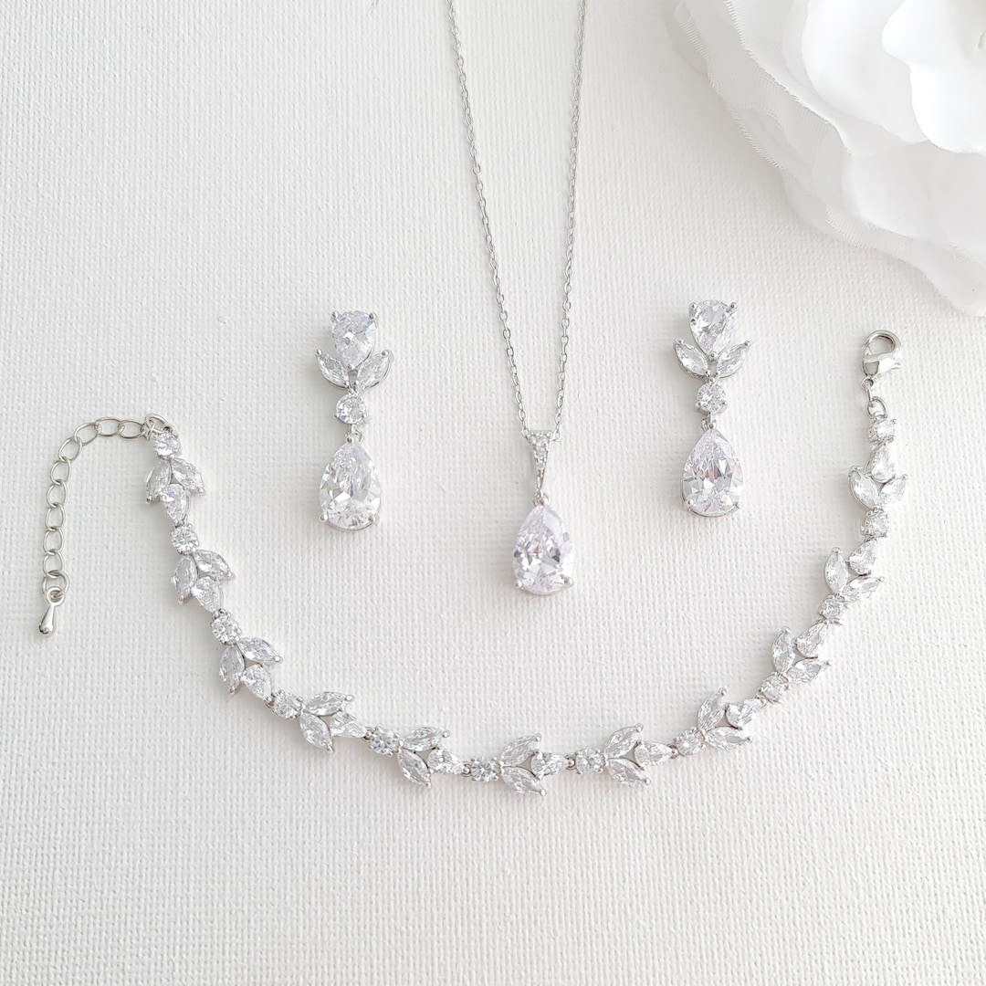 Silver Crystal Bridal Jewelry Set for Brides, Clear Cubic Zirconia