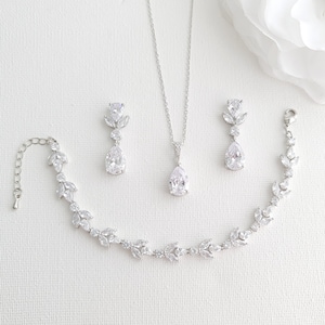 Silver Crystal Bridal Jewelry Set for Brides, Clear Cubic Zirconia Wedding Earrings Necklace Bracelet Set, Dainty Wedding Jewelry, Nicole