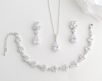 Silver Crystal Bridal Jewelry Set for Brides, Clear Cubic Zirconia Wedding Earrings Necklace Bracelet Set, Dainty Wedding Jewelry, Nicole