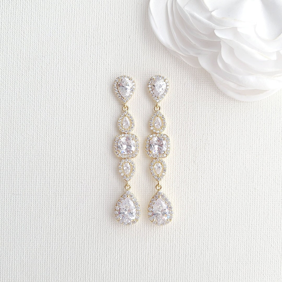 Long Gold Bridal Earrings, Tear Drop Crystal Wedding Earrings, Gold Wedding Jewelry For Brides, Gianna