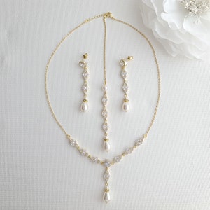 Gold Wedding Necklace with Back Drop, Bridal Necklace With Crystal And Pearl, Wedding Jewelry Set, Hayley image 5