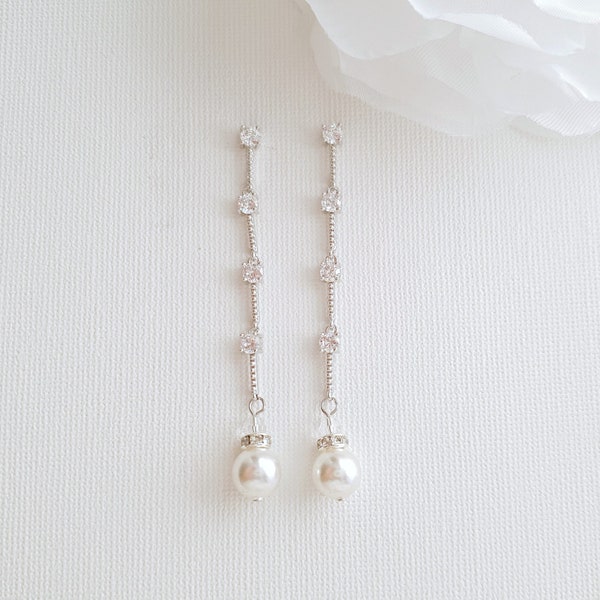 Dainty Long Bridal Earrings Pearl Drops, Delicate Wedding Earrings, Crystal and Pearl Simple Earrings, Pearl and Silver Earrings, Ginger