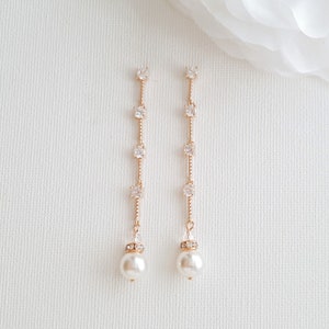 Rose Gold Pearl Long Earrings, Bridal Drop Earrings, Dangle Wedding Bride Earrings, Rose Gold Wedding Jewelry, Ginger