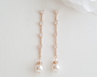 Rose Gold Pearl Long Earrings, Bridal Drop Earrings, Dangle Wedding Bride Earrings, Rose Gold Wedding Jewelry, Ginger