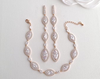 Rose Gold Earrings and Bracelet Set, CZ Wedding Jewelry Set for Brides, Marquise Crystal Bridal Jewelry, Harriet