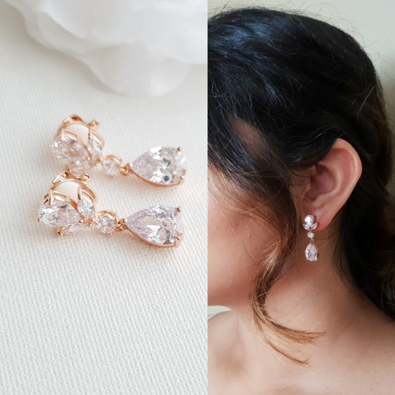 Clip On Drop Earrings Wedding, Rose Gold Earrings, Gold Bridal Earrings, Crystal Drop Earrings for Non Pierced Ears, Bridal Jewelry, Nicole image 1