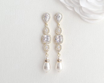 Gold and Pearl Drop Bridal Earrings, Long Earrings For Wedding Day, Gold Pearl Wedding Jewelry, Gianna