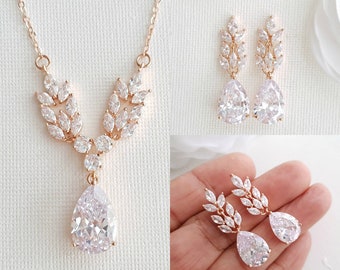 Rose Gold Bridal Jewelry Set, Wedding Drop Earrings And Necklace Set, CZ Leaf Jewelry Set For Brides, Willow
