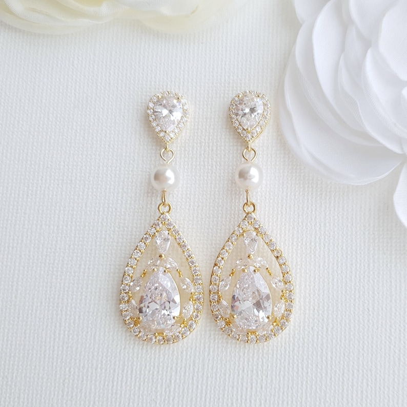 Vintage Style Pearl Crystal Bridal Earrings, Teardrop Wedding Earrings, Necklace Earring Set, Wedding Jewelry, Esther Gold